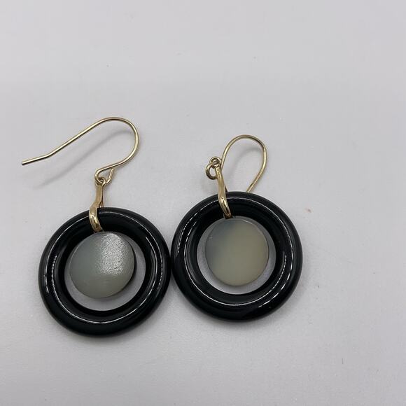 14k Gold Earrings Druzy Hemitate Black Onyx Dangle Hook 1.5” JCM Signed Dangle - Picture 6 of 10